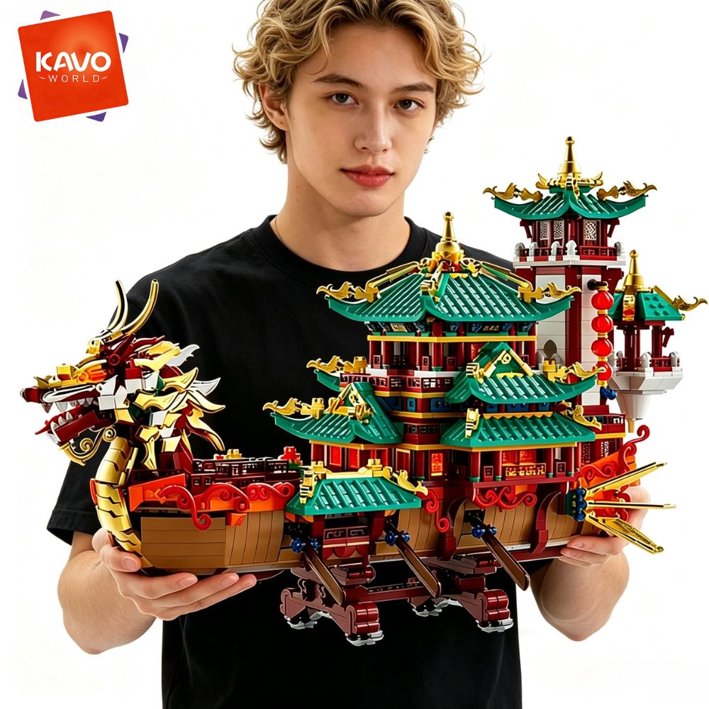 Gaming Console Lego - KAVOWORLD 2453-teiliger Drachenboot-Bausatz, Chinesisches Antikes Pavillon-Schiff